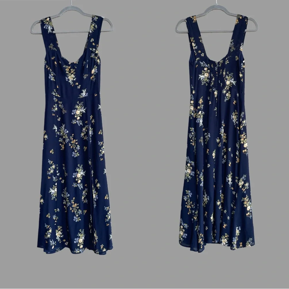 REFORMATION Navy Blue Floral Printed Sleeveless Sweetheart Fulton Midi Dress - Picture 9 of 11